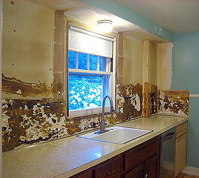 removing old laminate backsplash, kitchen backsplash, kitchen design, painting, shelving ideas, Glue left behind white spots are where the wall ripped off with the laminate