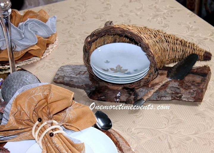 repurposing your everyday silverware for a thanksgiving tablescape, repurposing upcycling, seasonal holiday d cor, thanksgiving decorations, Using a cornucopia to hold dessert china and place on a piece of wood with twine wrapped Pie Server