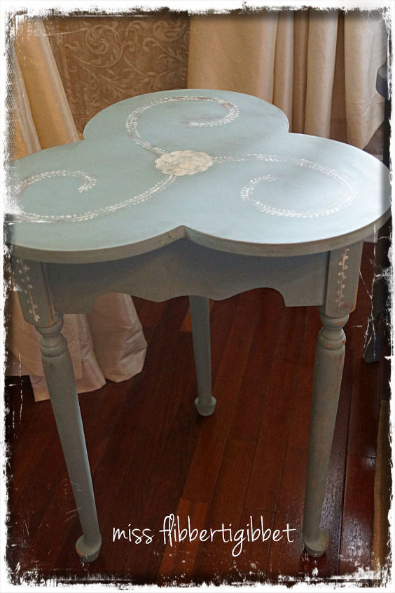 some projects, chalk paint, crafts, doors, painted furniture, small cloverleaf table I redid with Annie Sloan Chalk paint in Duck Egg blue I traced a design on top painted it with a small art brush sanded it back a bit and then rubbed some dark furniture wax into the sanded areas to age it