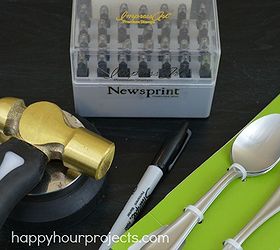 how to stamp spoons, crafts, repurposing upcycling, What you will need a stamp set that can hold up to stainless steel a bench block and hammer tape inexpensive or thrifted spoons and optionally a non toxic permanent marker
