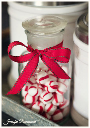 cheap christmas decorating ideas, christmas decorations, seasonal holiday decor, I purchased this little glass jar at the craft store Added little peppermints and a bow