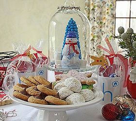 hosting a cookie swap party, seasonal holiday d cor, For a whimsical wonderland centerpiece I place a candy covered tree and chocolate snowman along with marshmallows and candy under my Wayfair cloche