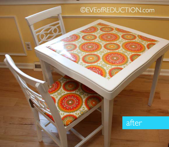 how to laminate fabric to refurb high traffic kid s table, painted furniture, After photo of card table kids table with laminated fabric top and matching chairs