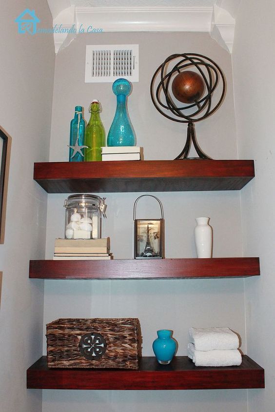 building floating shelves in a small bathroom, shelving ideas, storage ideas, woodworking projects