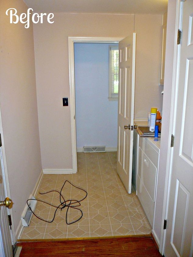 mudroom laundry room update, hardwood floors, laundry rooms, shelving ideas, storage ideas, This is the before picture with two types of flooring