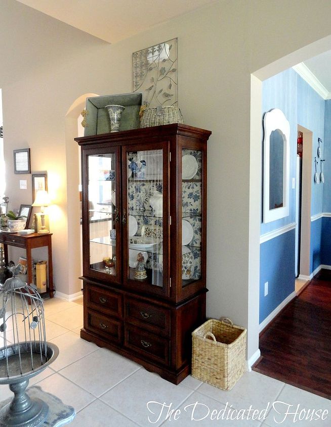 the entryway finished for now, foyer, home decor, China hutch styled with fabric in the back and lovely blue and white touches