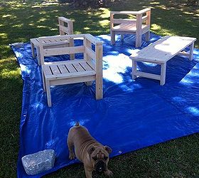 diy outdoor living space, home decor, outdoor furniture, outdoor living, Before the stain Cali my English Bulldog was supervising the process for me