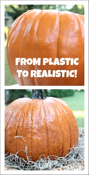 making your plastic pumpkins look real, All you need is some antiquing gel also called antiquing paint from the acrylic paint section My standby is burnt umber Pour some of the burnt umber paint onto a paper plate Add a little water and mix Next using a brush add your paint to a small section of your pumpkin Then take a dry paper towel and rub up and down your pumpkin gently This will leave the paint in the crevices of the pumpkin Continue this technique all the way around your pumpkin