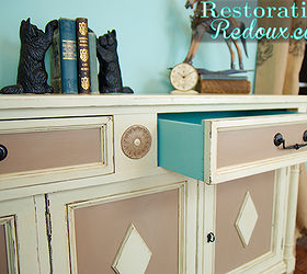 thrift store buffet turned painted tv console, painted furniture, Drawer pops of blue