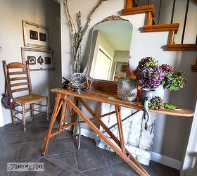 when gathered random junk becomes an entry table, foyer, home decor, painted furniture, repurposing upcycling, This vintage ironing board and mirror were bo
