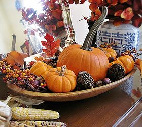 i ve decorated my grandmother s dough bowl with thanksgiving in mind filled with, seasonal holiday d cor, thanksgiving decorations, Love the contrast with the blue and white double happiness jar