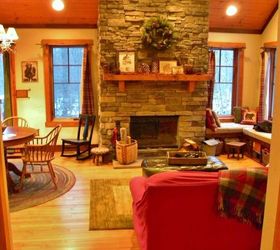 cozy cabin in the woods retreat and fallingwater, home decor, A look into the living dining area That fireplace is really the focal point