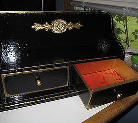 plain box turned into a treasure box, painting, I lined the drawers with Gold Satin that has a red flower design I figured that the black with gold had an Asian feel and wanted to keep the inside of the drawers the same style