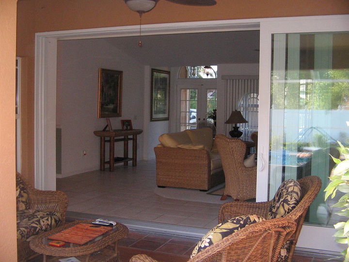 sliding glass doors, doors, porches, Three panel stacking door open to create a wide open room into the porch patio