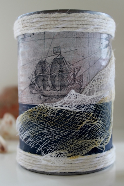 weathered nautical cans, crafts, decoupage, Antique Mod Podge gives the cans a weathered look