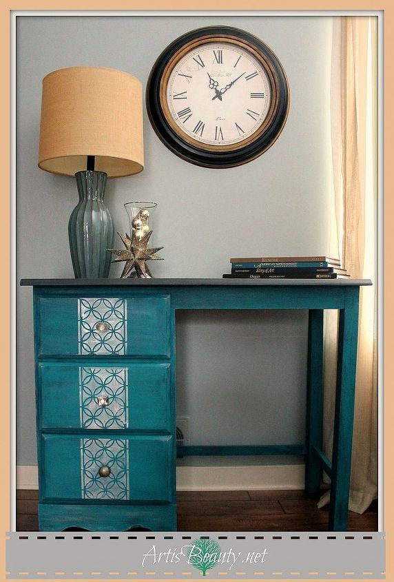 peacock blue silver vintage glamour desk makeover myfavoritethings, painted furniture, I still have a hard time believing this is the same desk and so glad I was able to rescue it