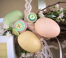 blogs and hometalk inspired vintage easter wreath, easter decorations, seasonal holiday d cor, wreaths, I raided my button collection and stash of lace I love the baby s breath I found at Michaels they re made from tiny pieces of frayed rope cording
