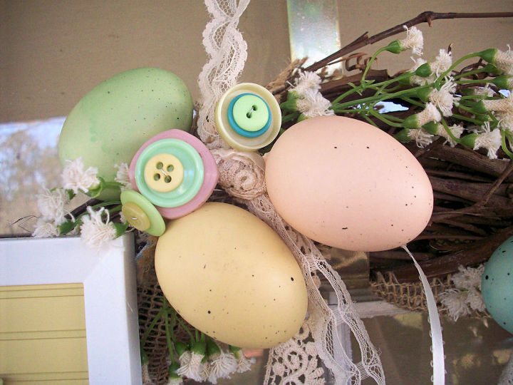 blogs and hometalk inspired vintage easter wreath, easter decorations, seasonal holiday d cor, wreaths, I raided my button collection and stash of lace I love the baby s breath I found at Michaels they re made from tiny pieces of frayed rope cording