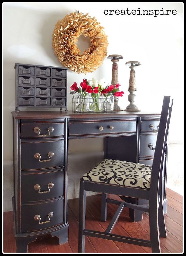 refinished antique desk, painted furniture, Added some new fabric to the chair and
