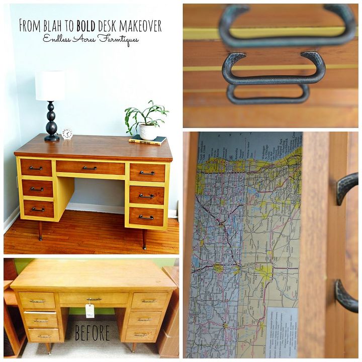 thrift store desk makeover from blah to bold, painted furniture