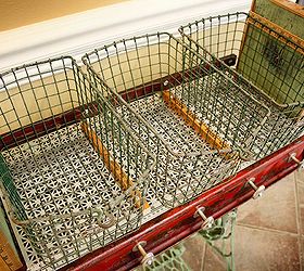 repurposed red wagon sewing machine base storage table, painted furniture, repurposing upcycling, Vintage gym locker baskets are so fun to use in any project Repurposed Red Wagon Sewing Machine Base Storage Table by GadgetSponge