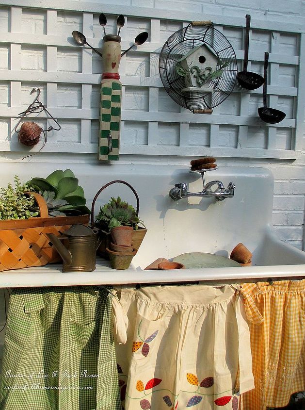 our summer potting sink, flowers, gardening, outdoor living, succulents, aprons skirt the sink