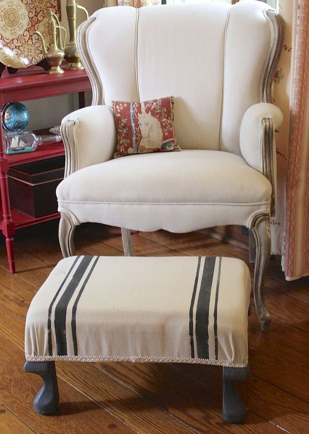 diy grain sack ottoman using drop cloth and chalk paint, chalk paint, painted furniture, rustic furniture, reupholster