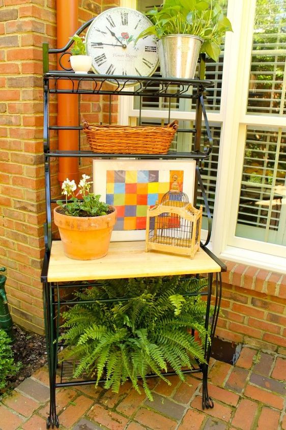 baker s rack becomes bar server, outdoor furniture, outdoor living, painted furniture, repurposing upcycling, I added some cute accessories and it is the perfect courtyard screen It hides the radon equipment
