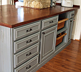 kitchen counters on a deep budget, countertops, home decor, kitchen design, kitchen island, After building the island using stock cabinets with a plywood top I screwed the long pine planks from underneath sanded and stained it Gorgeous