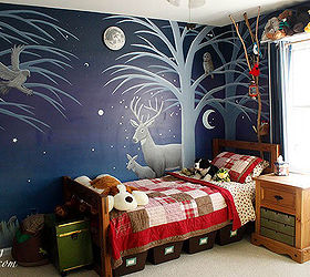 camping themed boy s bedroom, bedroom ideas, home decor, shelving ideas, Night side with forest animals illuminated by a light up moon