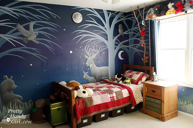 camping themed boy s bedroom, bedroom ideas, home decor, shelving ideas, Night side with forest animals illuminated by a light up moon
