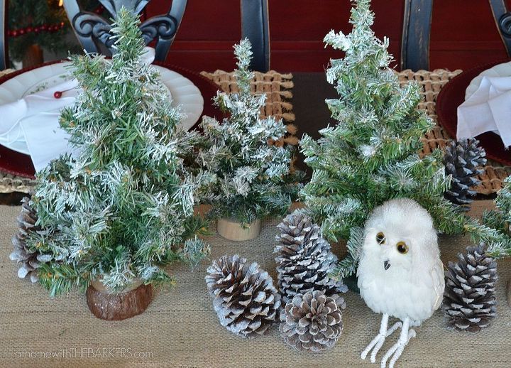 christmas home tour, christmas decorations, dining room ideas, seasonal holiday decor, Centerpiece of little trees flocked pine cones and my favorite owl