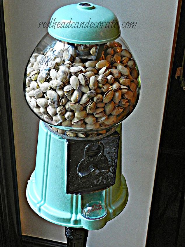 pistachio gum ball machine, repurposing upcycling, 2 Pistachios come out at once every time