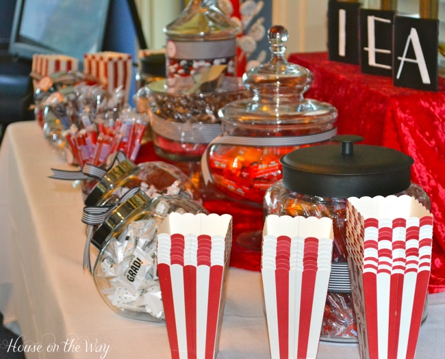 graduation party idea a movie themed graduation party, crafts, The candy buffet was completely movie themed Different sizes and shapes of glass containers were used to serve the candy