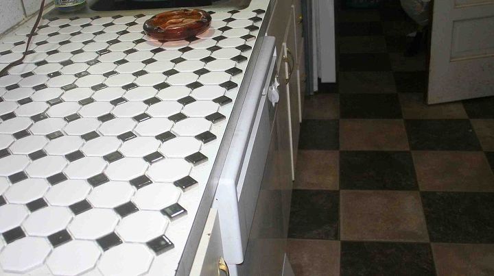 black white kitchen counter beautification tiling project, see how nicely they match up with floor