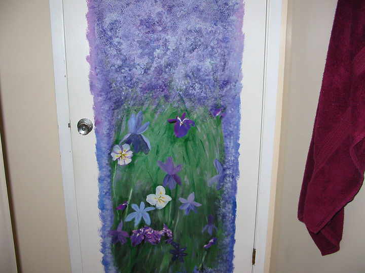 painting my dining room floor, flooring, painting, Hand painted and collages iris on inside of bathroom door