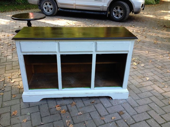 painted vintage furniture, painted furniture, repurposing upcycling, Top of buffet sanded and restained