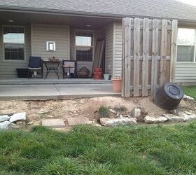 q backyard help needed, gardening, landscape, The rest of the patio It will have a retaining wall in 2 3 weeks