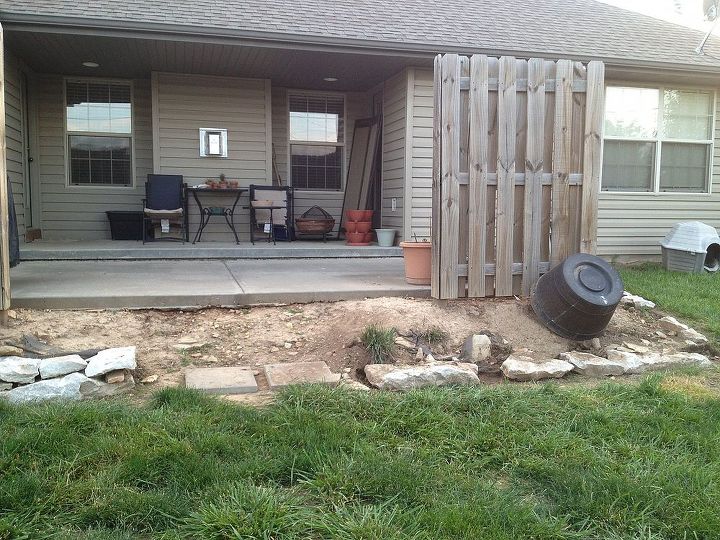 q backyard help needed, gardening, landscape, The rest of the patio It will have a retaining wall in 2 3 weeks