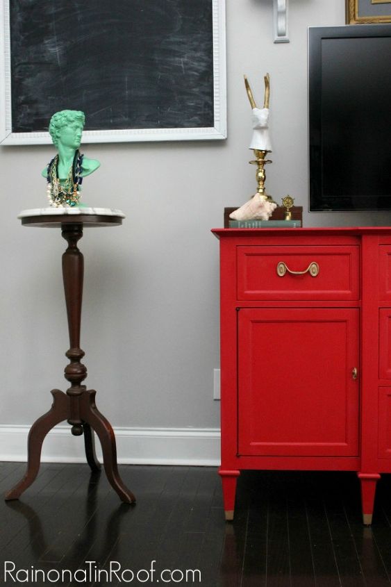 country chic paint red buffet makeover, painted furniture, Rub N Buff updated the hardware