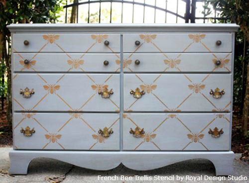 diy stencil projects, Pretty Bee Trellis stencil in metallic gold on blue creates an elegant dressed up dresser