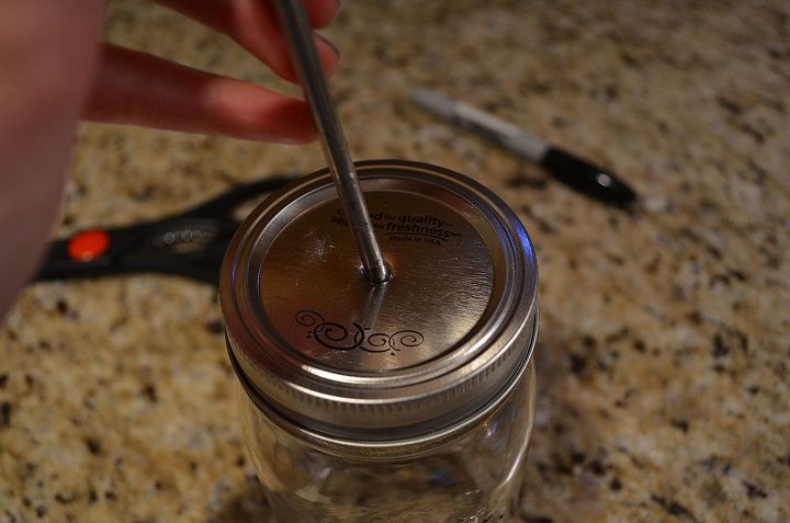 diy mason jar soap dispenser easy and cheap, bathroom ideas, cleaning tips, Punch a hole in the top of your mason jar and widen with pliers