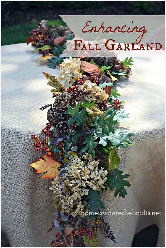 enhancing fall garland, crafts, outdoor living, seasonal holiday decor, Artificial garland after the addition of dried hydrangeas pumpkin picks and oak leaves