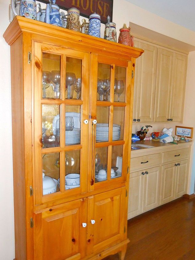 something they call a kitchen, home decor, kitchen design, Bar Glasses and Fancy dishes in my free standing hutch
