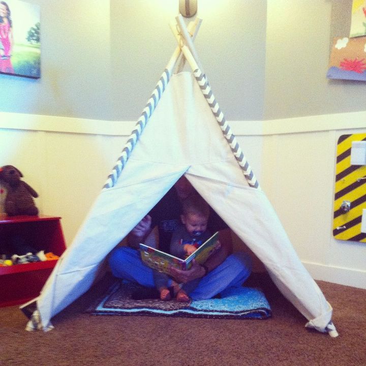 childs teepee made from a drop cloth, crafts, entertainment rec rooms, reupholster, Big enough for daddy to sit inside and read with baby