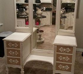 a vanity with burlap fronted drawers, painted furniture