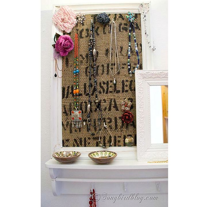 jewelry organizer from a burlap coffee sack, crafts, organizing, The frame is leaning on a little shelf that adds more storage for the pretties