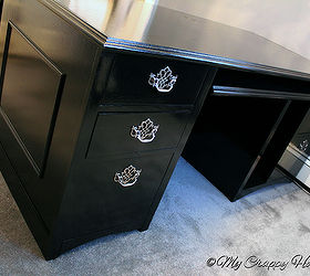 my desk rescue, painted furniture, Two coats of black latex and two more coats of glossy poly later