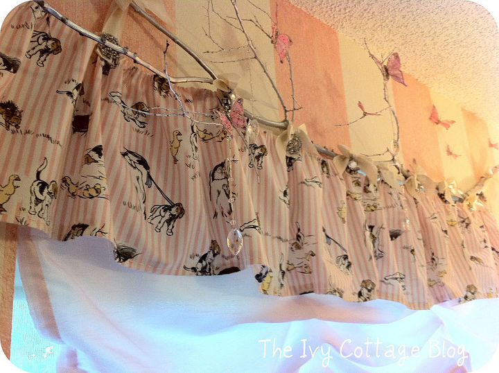 diy tree branch curtain rod, home decor, Installed over the window and dressed uo with butterflies crystals and curtains
