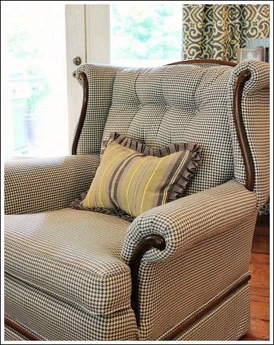 living room design ideas, home decor, living room ideas, I had my two chairs reupholstered in gray hounds tooth fabric